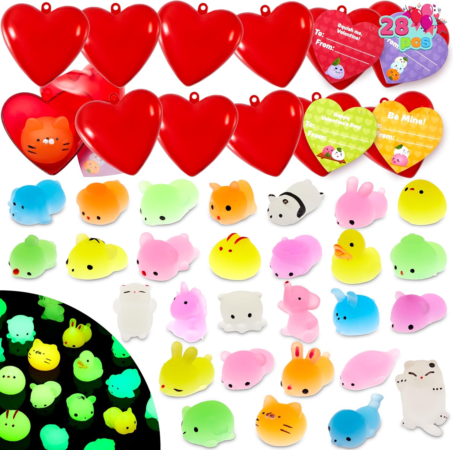 JOYFY 28 Packs Valentine Party Favor Set with 28 Glow In The Dark Mochi squishy toy Filled Hearts and Heart Cards