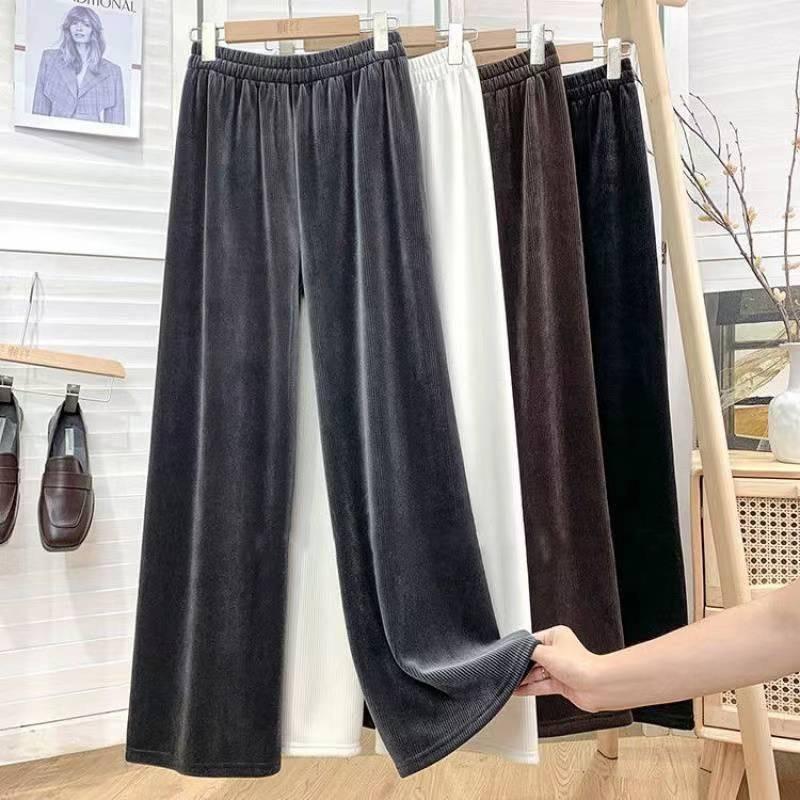 Women's Solid Elastic Waist Corduroy Wide Leg Pants Casual Sports Long Plush Trousers