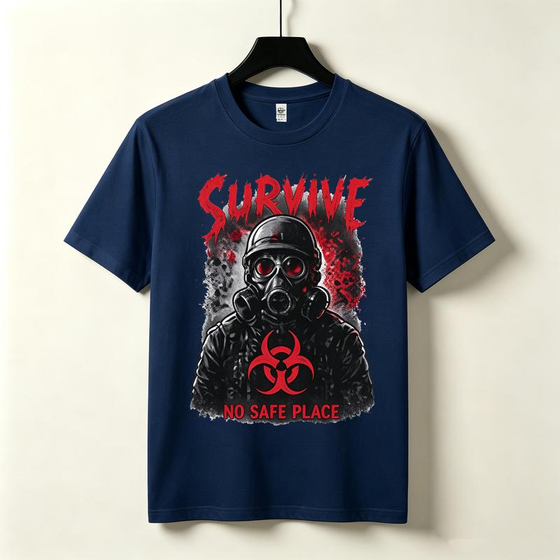 Survive Gas Mask Biohazard Tshirt Zombie Apocalypse Horror Graphic Dark Grunge Streetwear Black White Navy Casual Top Harajuku