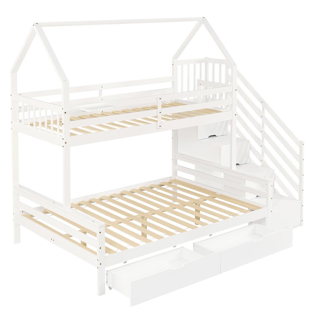 Letto a Castello per Bambini, Due Cassetti su Ruote, Design a Tetto, con Sponda di Sicurezza e Armadio a Gradini, Pino + MDF + Compensato, Bianco, 90x200cm e 140x200cm
