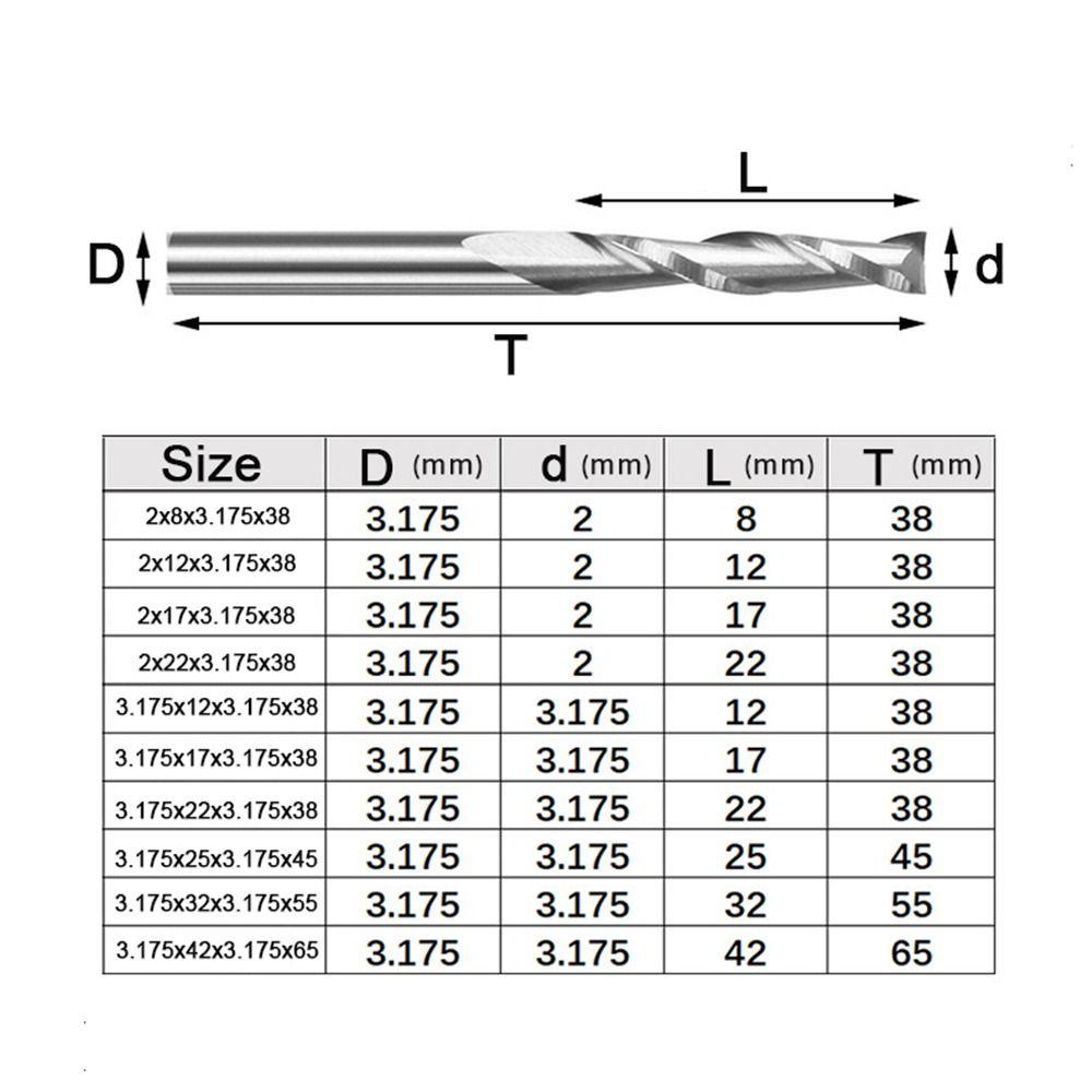 2 Flute Wood End Mill 1/8"(3.175mm) Shank Up Cut Carbide Spiral Cutters HRC45 2.0-3.175mm CNC Router Bit CNC Machining