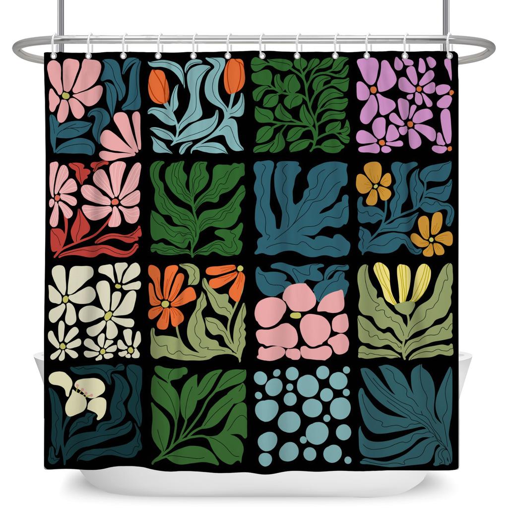 Boho Floral Geometric Shower Curtain Abstract Colorful Flower Waterproof Bath Curtain Fabric Bathroom Decorations with 12 Hooks
