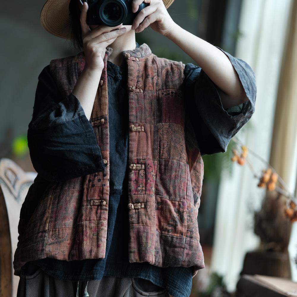 Johnature Dámské vintage patchworkové barevné vesty kabáty knoflík stojáček čínský styl oblečení podzimní vesty kabáty