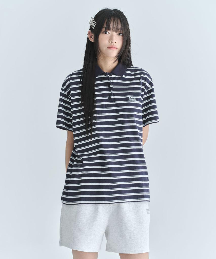CGP (Women) Oversized Striped Short Sleeve Collared T-Shirt - Dark Navy