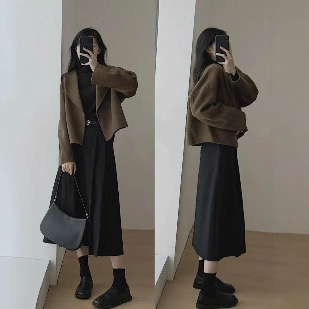 

2024 Корейский стиль Женская шерстяная куртка больших размеров - Французское осенне-зимнее приталенное пальто M хаки