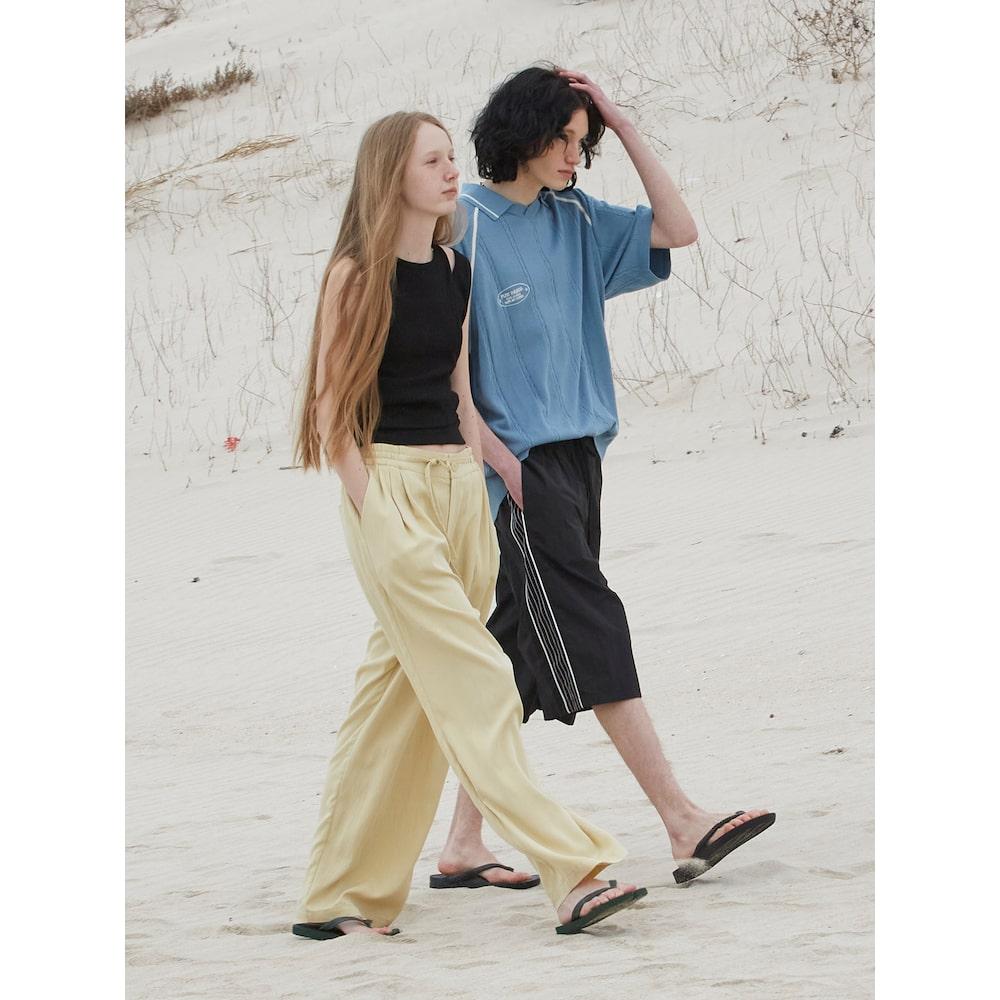 Saendeusaundeu (Unisex) Wide Elastic Waist Pants Beige