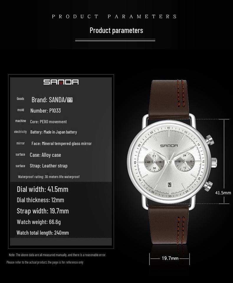 Sanda 1033 Men's Quartz Watch: Trendy Design with Leather Strap & Small Seconds Hand