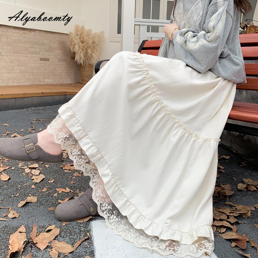 

Французский стиль Осень Зима Женская юбка миди принцессы с высокой талией Черная Бежевая Коричневая Кружевная юбка с оборками Сладкая Элегантная Женственная юбка One Size бежевый