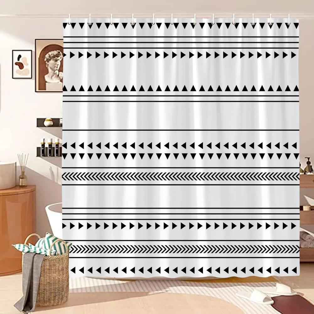 Vintage Geometric Lines Shower Curtain Modern Abstract Bohemian Minimalist Tones Polyester Fabric Shower Curtains Bathroom Decor