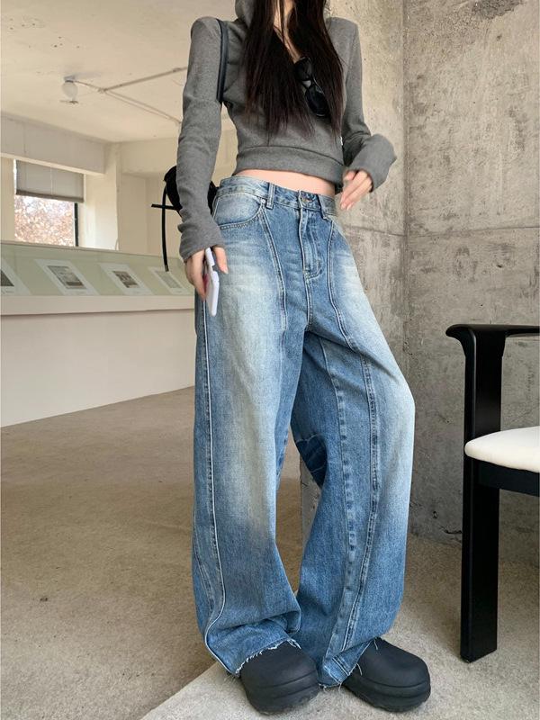 Women’s Retro Patchwork Wide-Leg Distressed Jeans