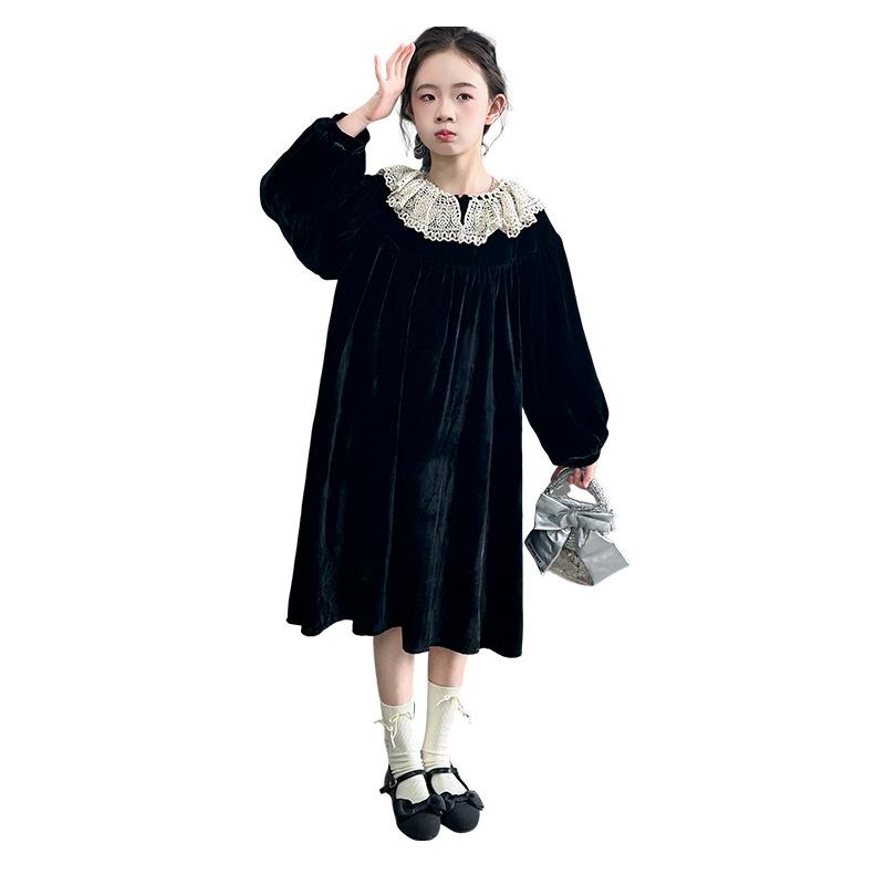 2025 Velvet Princess Dress for Girls: Spring & Autumn Style with Lace Trim Collar