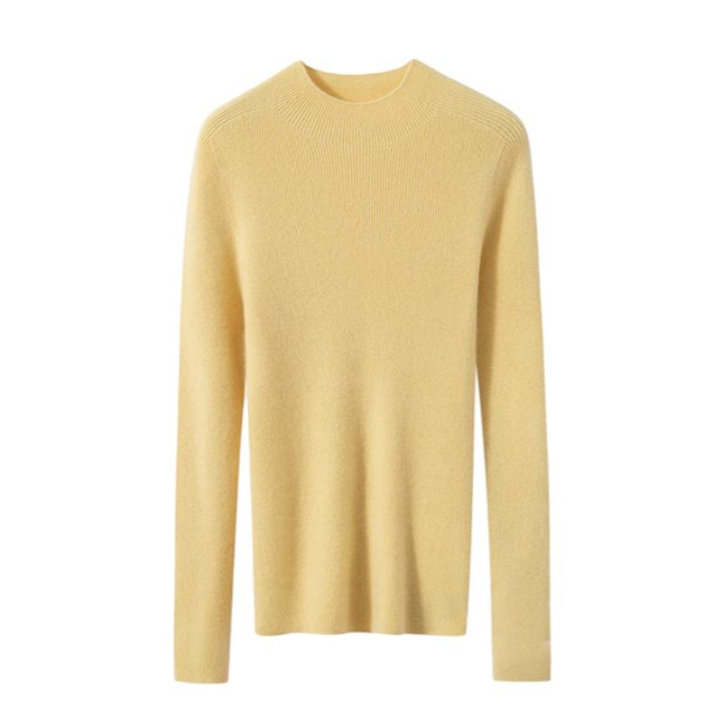Women's Slimming Pure Cashmere Ribbed Pullover Sweater - Solid Color, Half-High Neck Knitwear