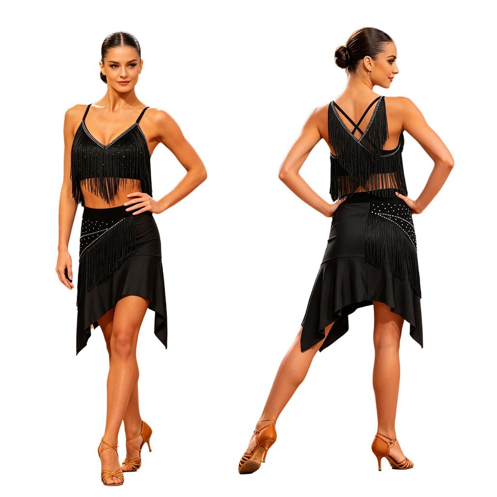 Women‘s Latin Dance Set V Neck Sleeveless Fringe Top Crisscross Back with Irregular Hem Color Block Skirt for Cha Cha Tango Stage Show