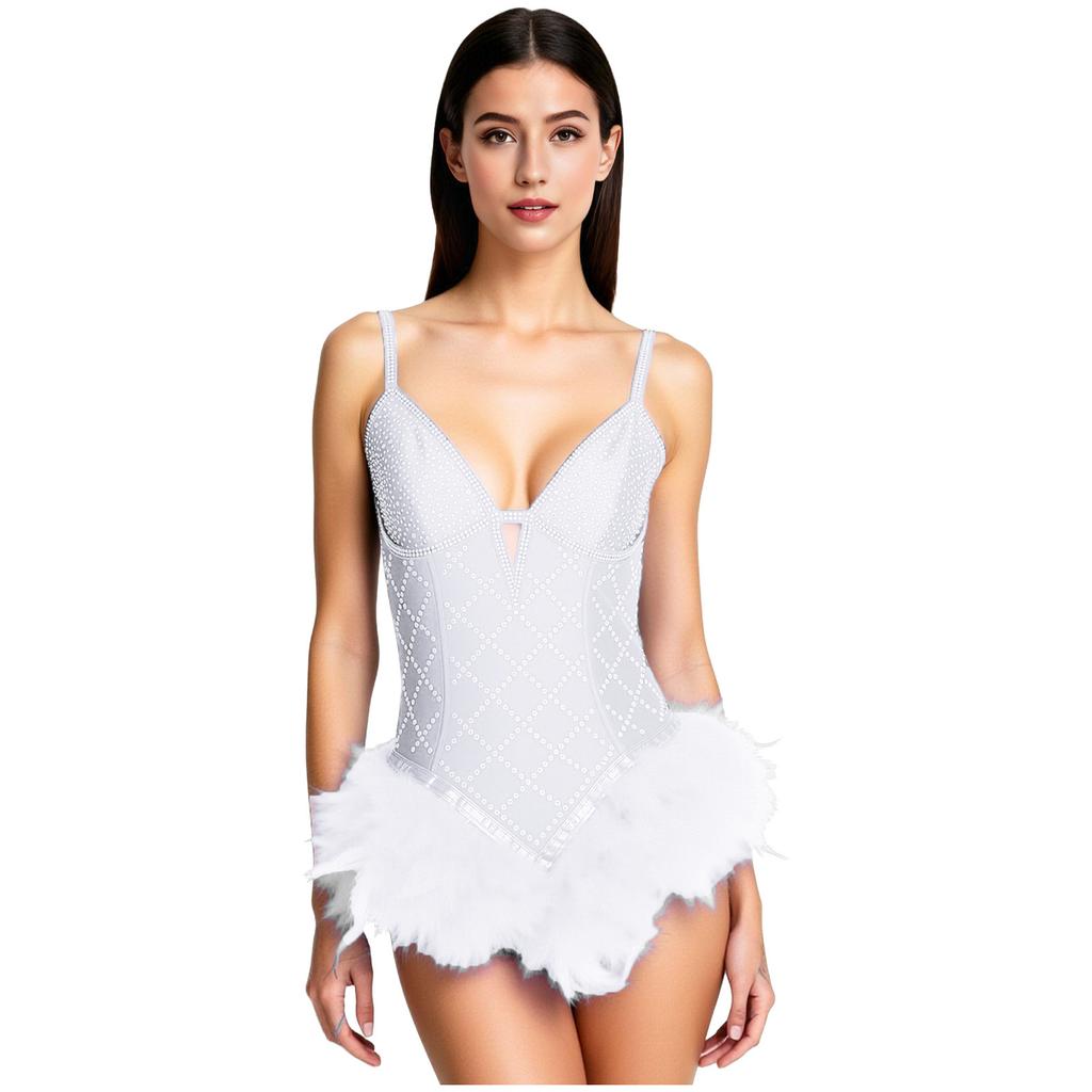 Womens Shiny Rhinestone Feather Leotard Deep V Neck Adjustable Spaghetti Straps Strappy Back Bodysuit