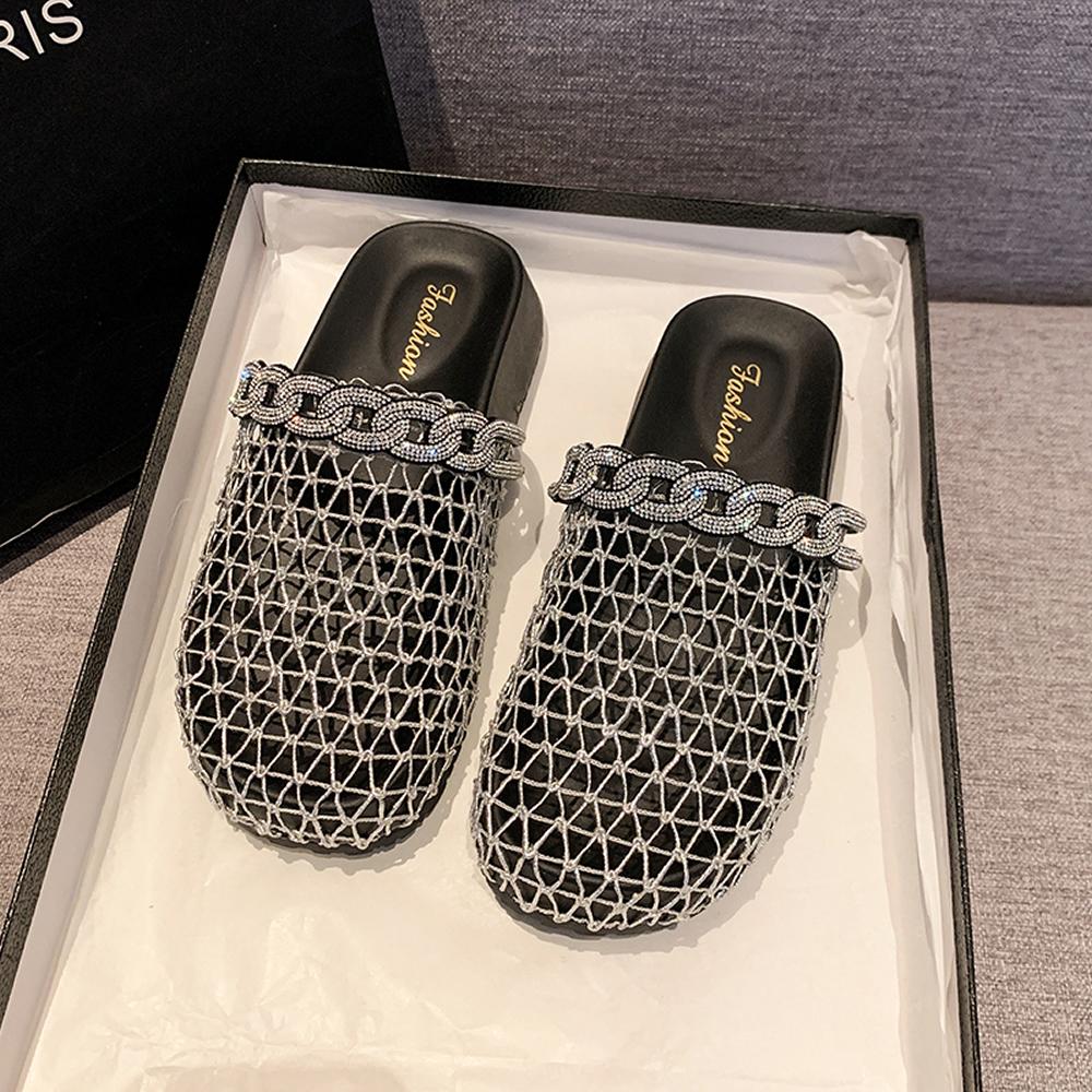 

Ретро плетеные сандалии-сетка для рыбалки женские уличные летние новые на толстом каблуке-бриллианте с ремешком через подъем и закрытым носком, полушлепанцы 40 серебряный