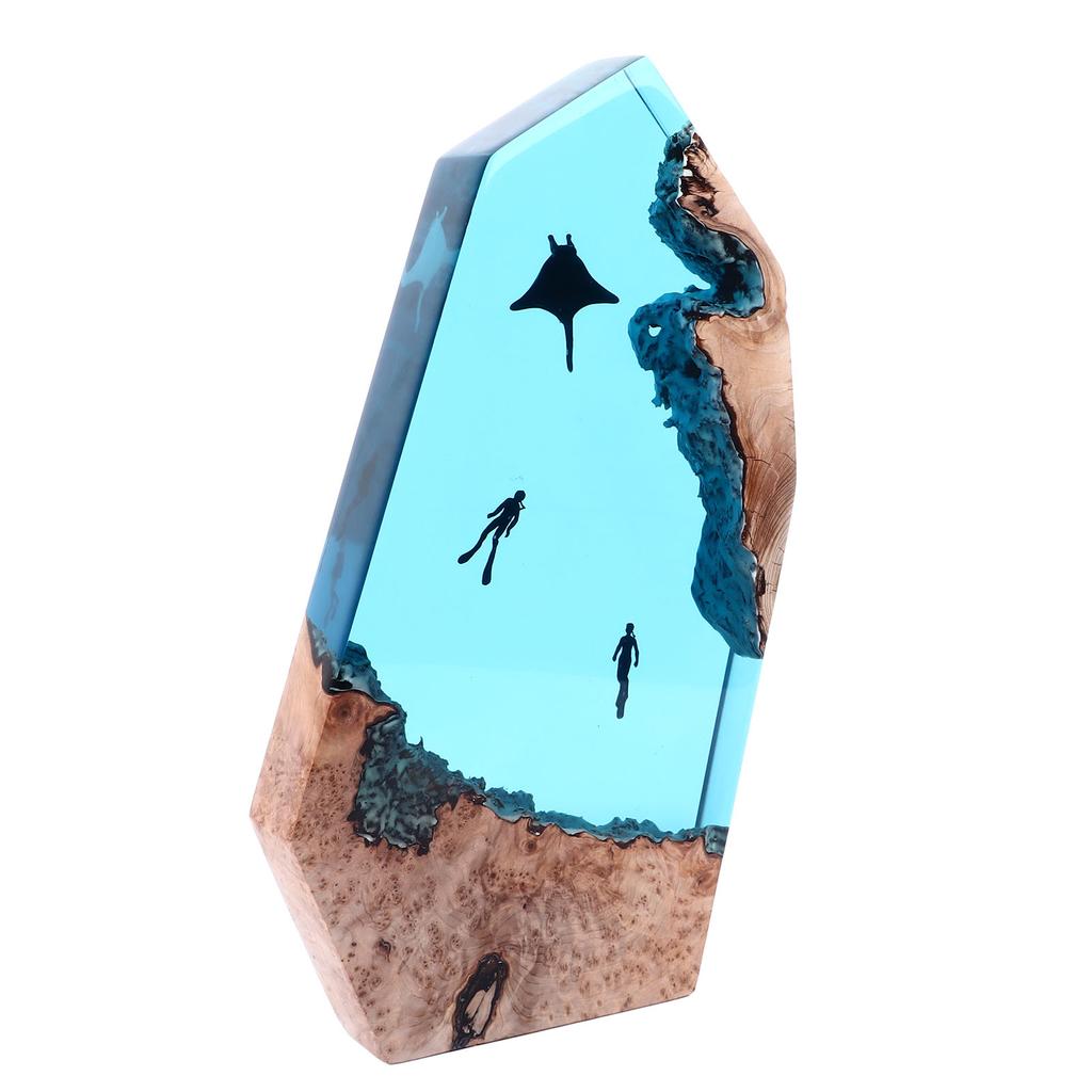LED Ocean Night Light 13 Inch Epoxy Resin Wooden Deep Sea Cave Diving Desktop Ornament Lamp for