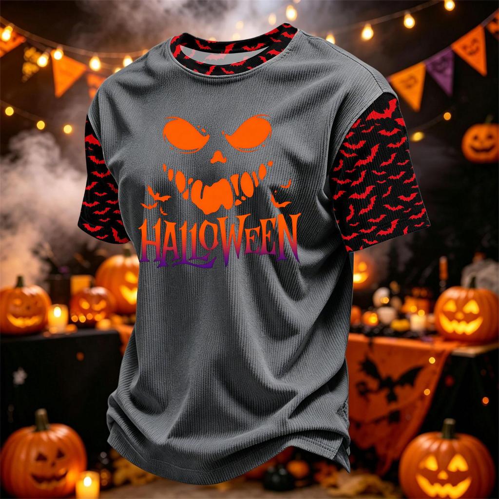 Men's Casual Corduroy Round Neck Lightweight Breathable Short Sleeve Top Halloween Print Lettering Design