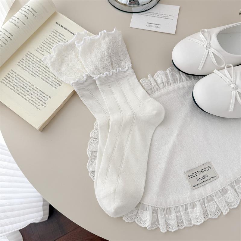 1 Pair Ballet Style Double Layer Black Fungus Edge Socks Summer Thin Mesh Breathable Japanese Style Series Girls Pile Socks