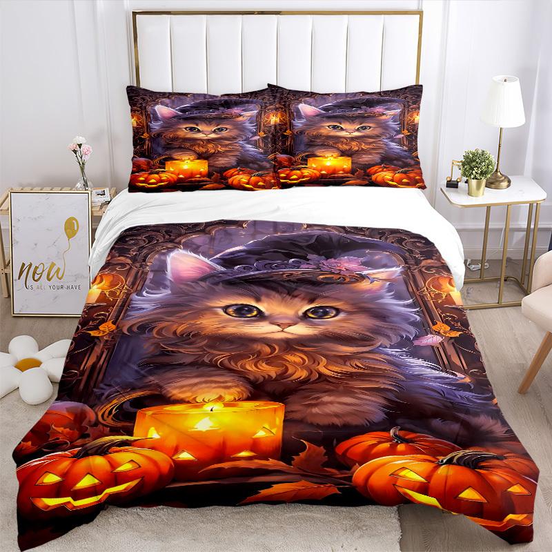 3pcs Witch Hat Kitty Art Duvet Cover Set -Includes 1 Duvet Cover and 2 Pillowcases, No Quilt Core, All-Season Home Decor  yy251111119