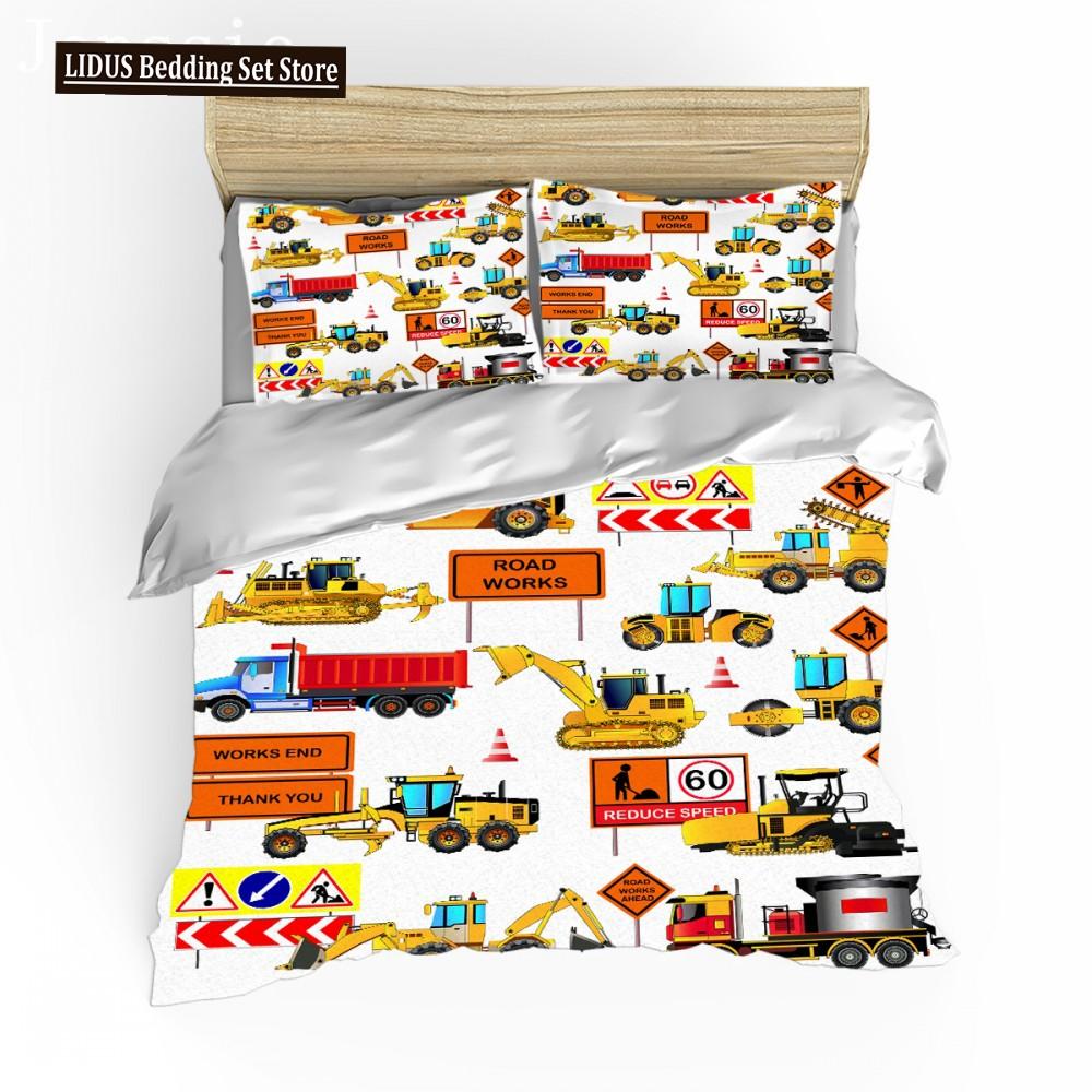 Cartoon Feuerwehrauto King Queen Bettwäscheset für Jungen Kinder Betonmischer Bettbezug Traktor Kran Bagger Polyester Quiltbezug