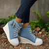 Fashion Fashion Denim Blue Canvas Shoes Women 2025 Autumn Metal Zip Decoration Lace Up Wedge Heel Pumps Casual High Heel Ankle Shoes