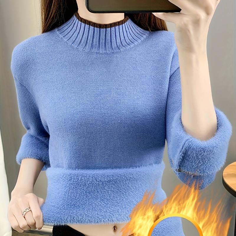 Women's Cozy Fleece-Lined High-Neck Sweater Thick Warm Long Sleeve Pullover with Soft & Stylish Fall/Winter Highneck Sweater