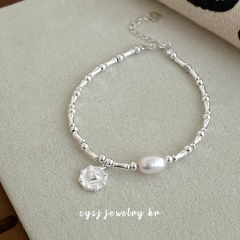 S925 Sterling Silver Korean Bamboo Pearl Heart Bracelet - Women's Niche Cold Style Trendy Jewelry