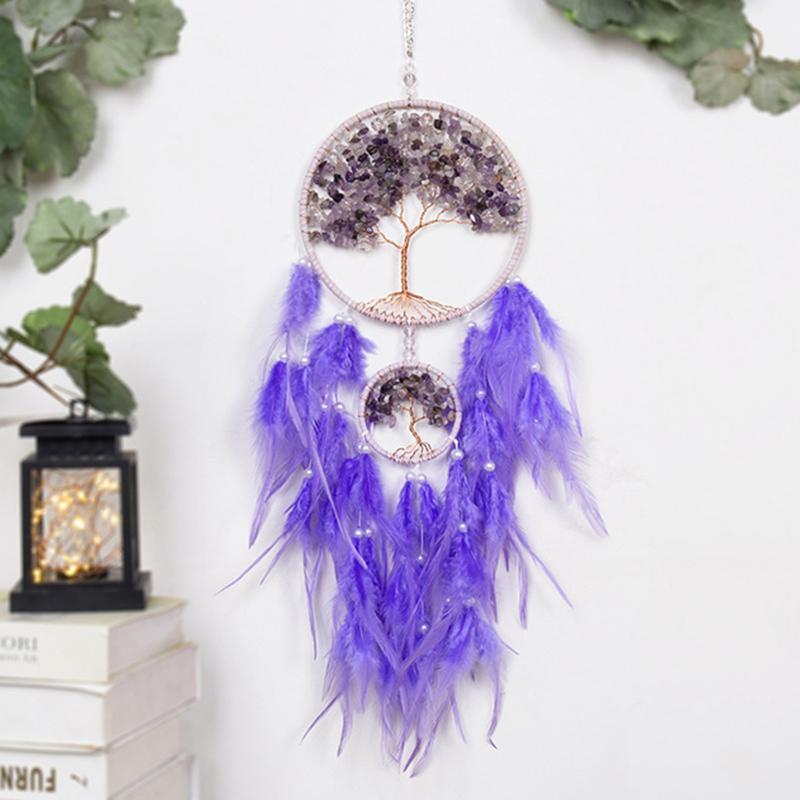 Tree of Life Dream Catcher Handmade Pink Gravel Wall Hangings Feather Craft Home Decor Wind Chimes DreamCatchers Room Decorate