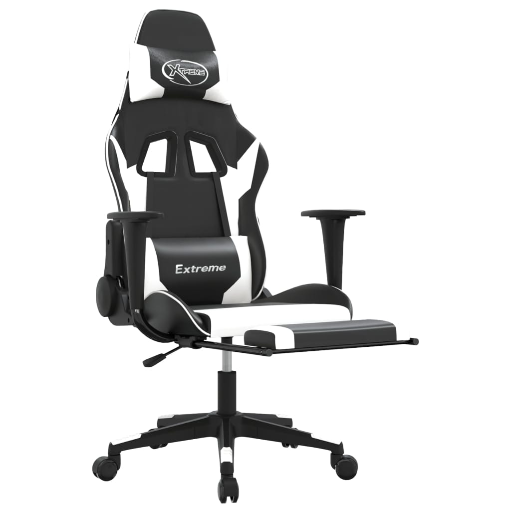 Gaming Chair with Massage Function & Footrest Black & White PU Leather