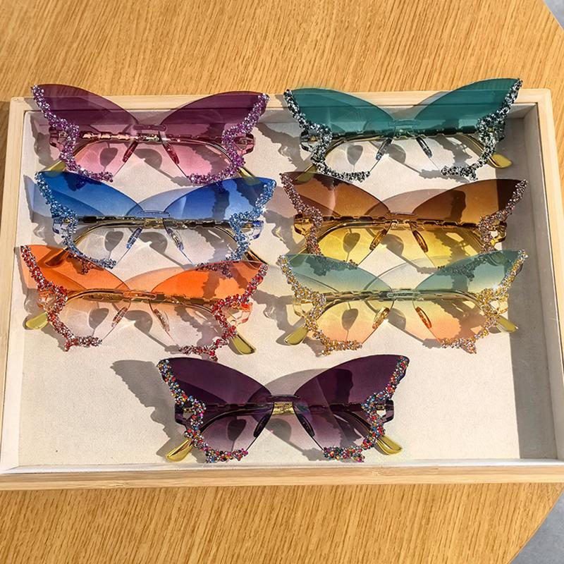 Butterfly-shaped Decorative Sunglasses, Rimless Sunglasses, Women's Party and Ball Gown Style Sunglasses, Black Sunglasses