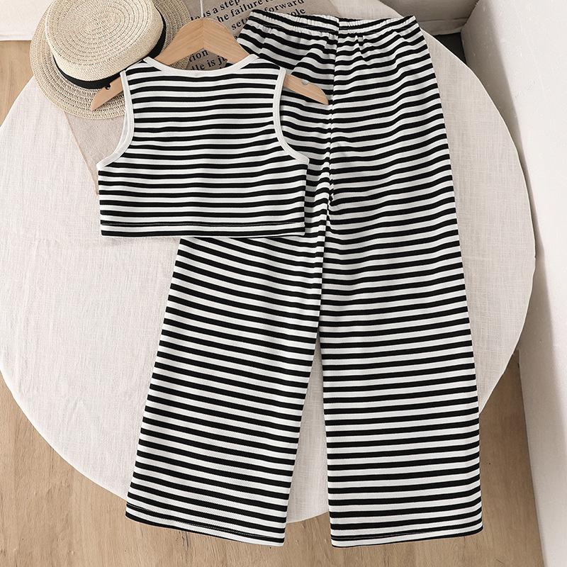 Girls' Casual Set 2025 Summer Children's Fashion Striped Sleeveless Vest Top and Trousers Two Pieces