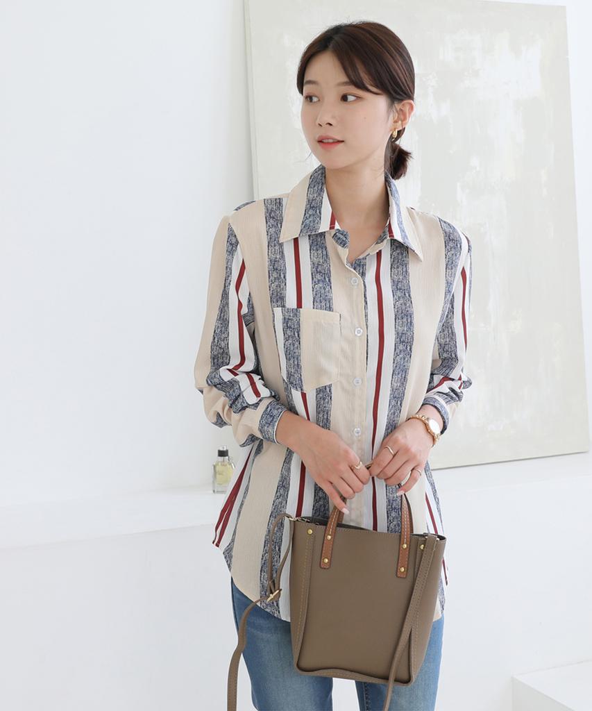 Ppaeppae Collared Unique Color-Blocked Stripe Blouse