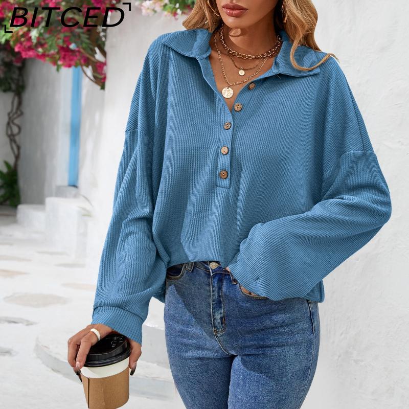 BITCED Women's Fall/Winter Polo Neck Button-Up Solid Color Long-Sleeve T-Shirt