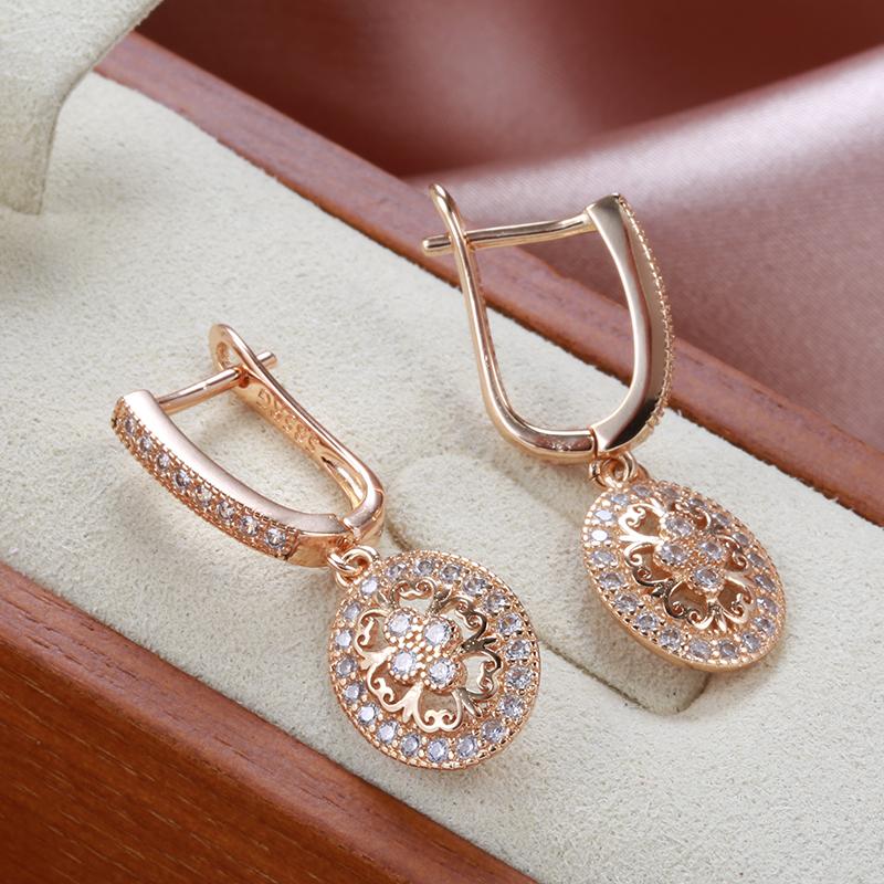 New  Rose Gold Long Drop Earrings For Women Hollow Flowers Natural Zircon Earrings Luxury Ethnic Bridal Wedding Jewelry