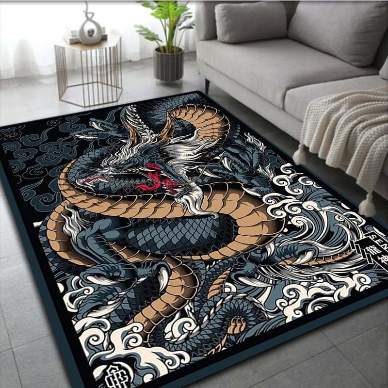 Japanese Dragon Wave Print Large Carpet Anti Slip Washable Floor Rug for Living Room Bedroom Home Decor