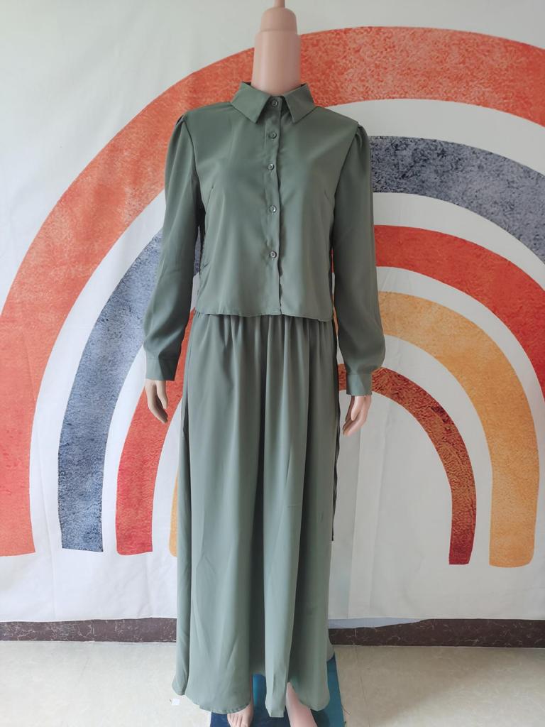 In-Stock Midi Skirt Set: 2024 Long-Sleeved Shirt Casual Dress for Muslim Arab Women