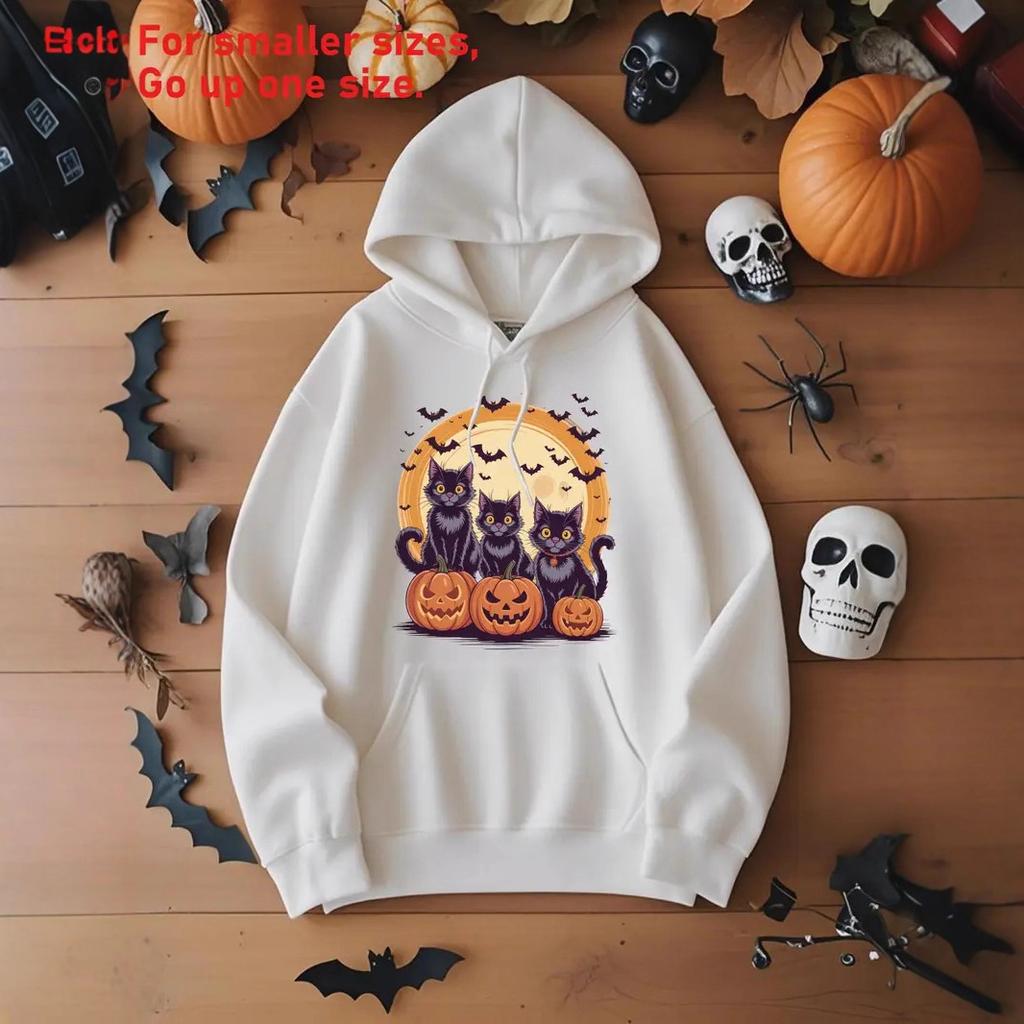 Ladies Spring Autumn Casual Hooded Long Sleeve Big Pocket Halloween Pumpkin Cat Printed Pullover Hoodies Sweatshirt Top