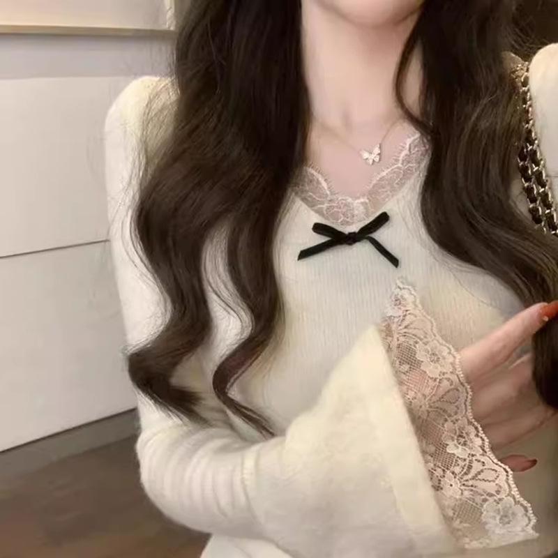 Cashmere Brushed Lace V-Neck Long-Sleeve Slim Fit T-Shirt for Women - Autumn/Winter Small абрикосовый