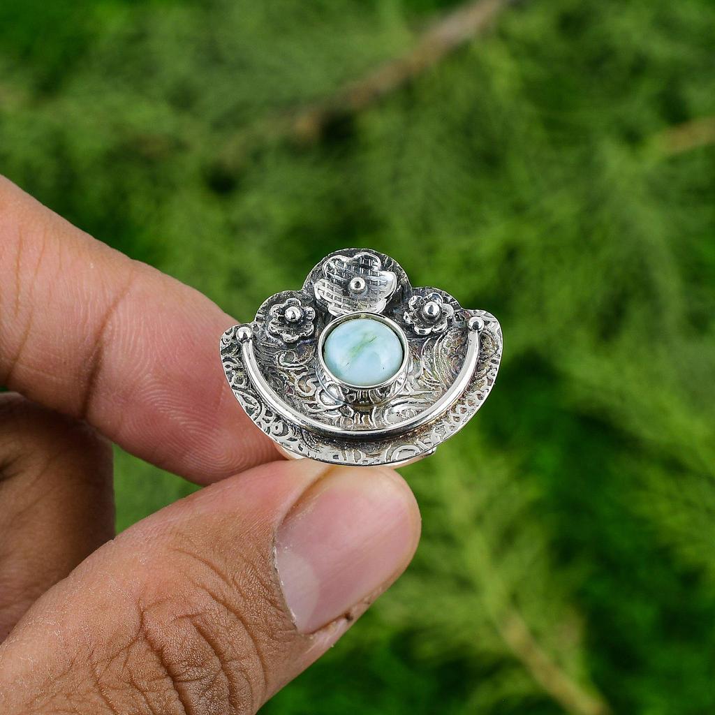 Natural Larimar Gemstone Solitaire Flower Adjustable Ring 925 Silver For Girls