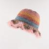Rainbow oil painting gradual change knitted wool hat children autumn and winter warm plush bucket hat basin hat tide