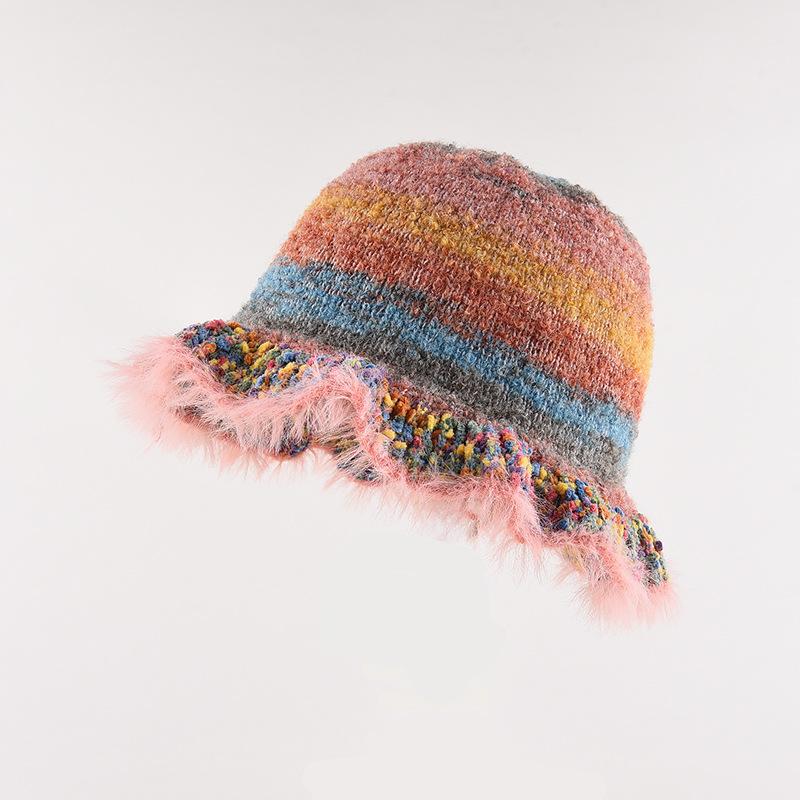 New Style Fashion Retro Colorful Striped Oil Painting Style Ruffled Fisherman Hat for Women In Autumn and Winter Warm Knitted Pot Hat Trend