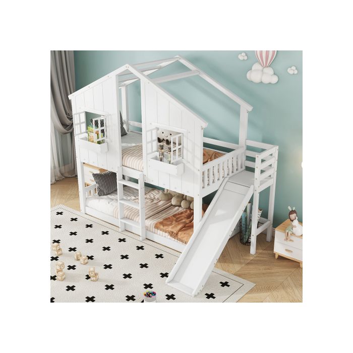 Etagenbett mit Rutsche, mit Dach und Fenster, mit Rausfallschutz, mit dreifacher Leiter, Kiefer + MDF, Weiß, 90x200 cm