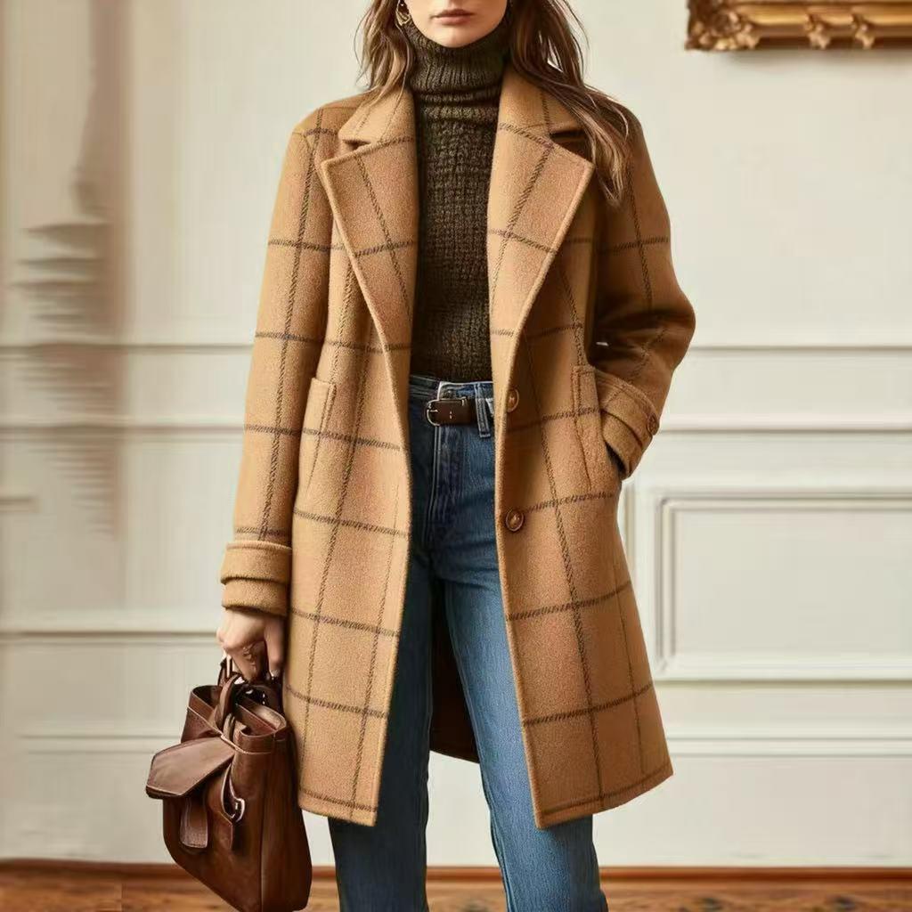 Women's Retro Plaid Casual Mid-Length Wool Coat with Lapel Collar