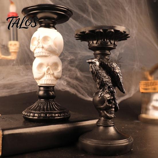 Begraafplaats Geïnspireerde Feestattributen Gotische Kandelaarkandelaar, Halloween Hars Raaf Schedel Zuilkaars Handgemaakte Beeldhouwwerk Basis Vintage Spookachtig