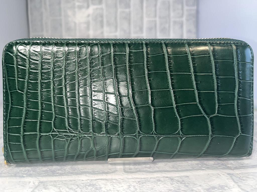 GUODI Long Wallet with Round Zipper, Genuine Crocodile Leather, Matte Finish, TK-RP10LW6 (Cyprus Green)