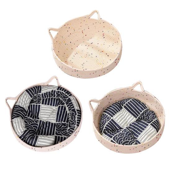 Cat Basket Bed with Cushion Cat Ear Cotton Rope Woven Pet Bed Breathable Cat Basket for Indoor Cats All Season Use
