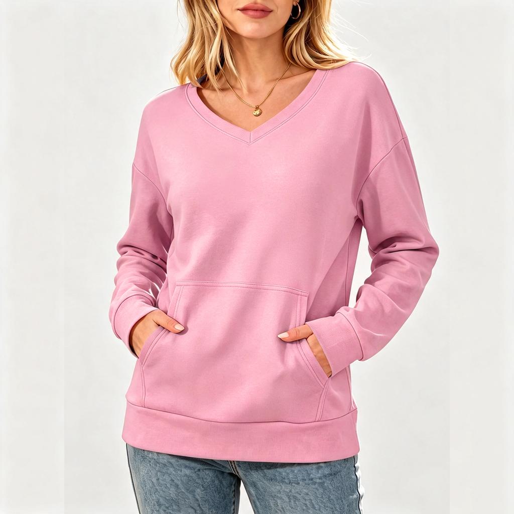 Women's Casual V-Neck Long Sleeve Pullover Sweatshirt with Pockets