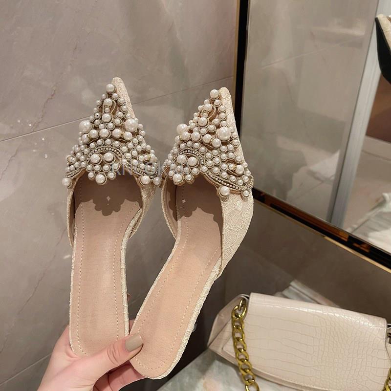 Spring Autumn Fashion Sexy Women's Shoes Elegant String Bead Crystal Patchwork Slip-On 35-42 Thin Heels Slipper NEW 2025 Ladies