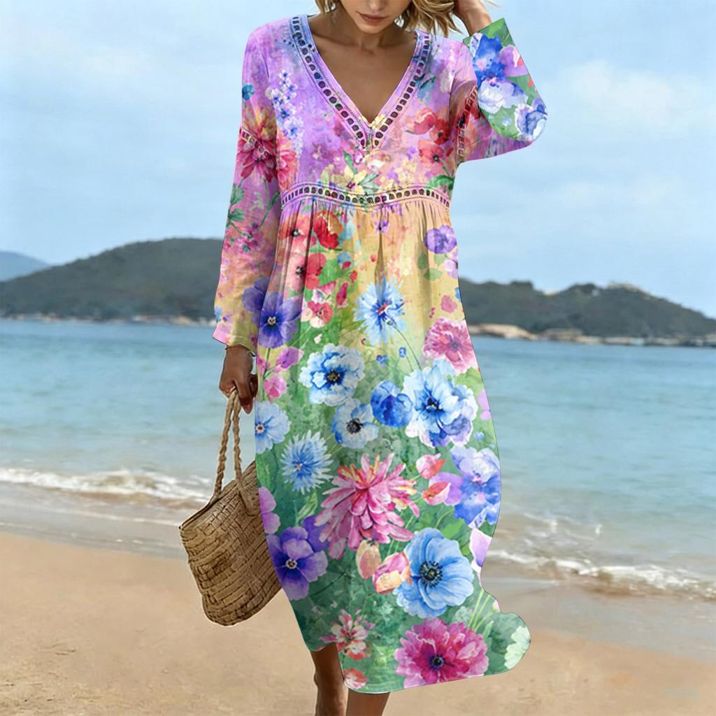 Fashionable Lady's V-neck Mid-length Casual Long-sleeved Dress