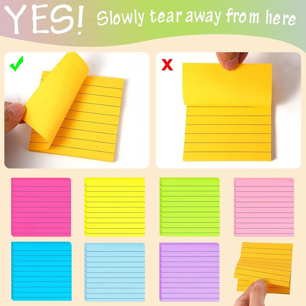 (8 Pads) Lined Sticky Notes 4x4 in Post, 8 Colors Self Sticky Notes Pad Its, Bright Post Stickies Colorful Big Rectangular Sticky Notes Ruled